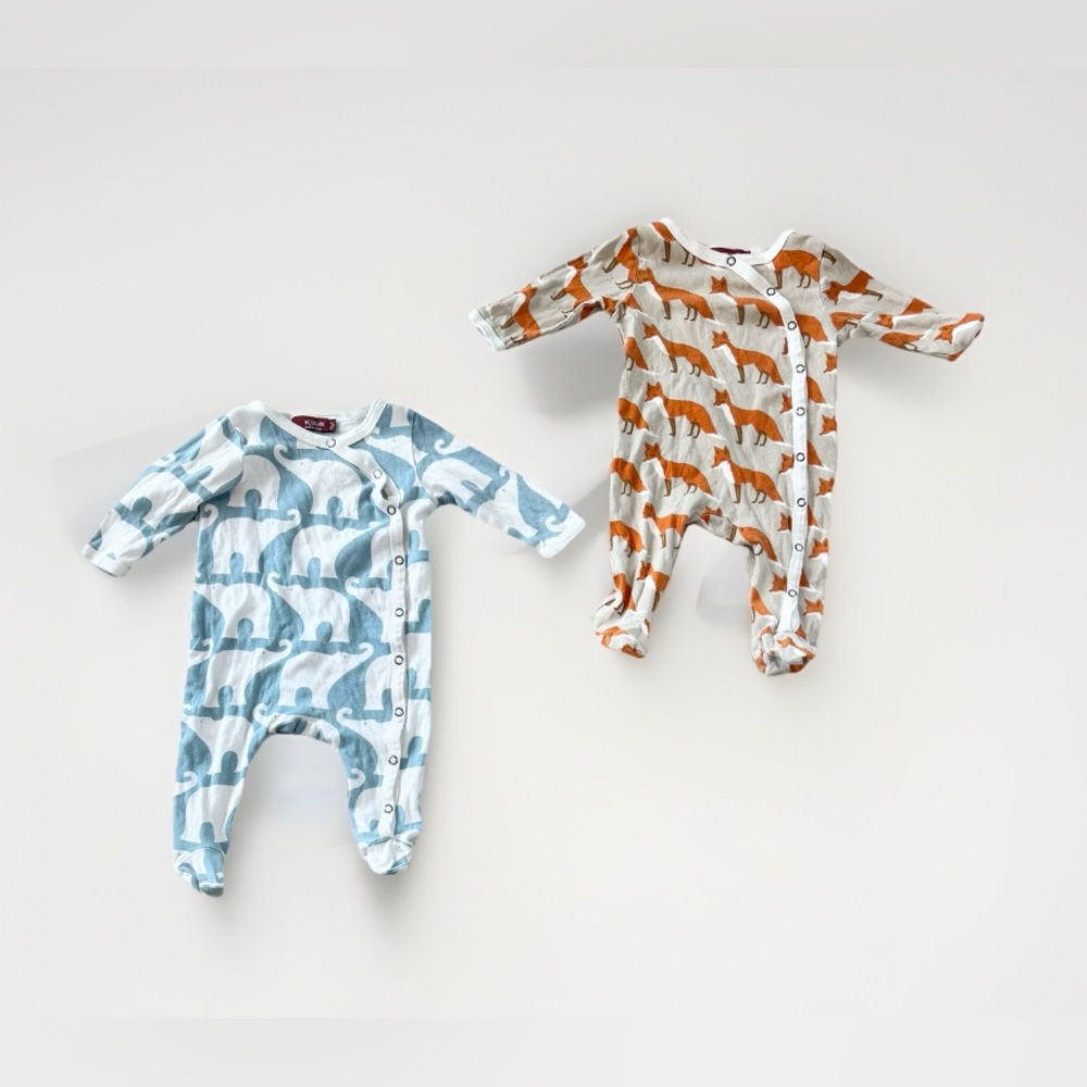 MilkBarn Sz 0-3 Months Baby Lot Of 2 Pajamas One Piece Soft Footed Fox Elephant